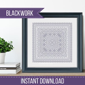 May include: A framed blackwork embroidery pattern featuring detailed geometric designs in blue hues. The artwork is presented in a dark blue frame. Text at the top reads "BLACKWORK" and at the bottom "INSTANT DOWNLOAD".