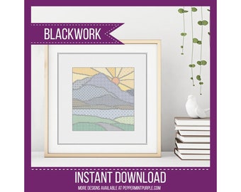 Sunny Mountains Blackwork Pattern, Sun and Mountains, Coloured Blackwork Chart, Cross Stitch chart  by Peppermint Purple