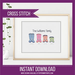 Welly Family Cross Stitch Pattern - Personalised Cross Stitch Chart by Peppermint Purple