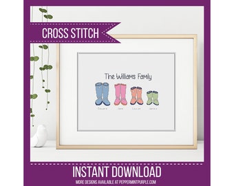 Welly Family Cross Stitch Pattern - Personalised Cross Stitch Chart by Peppermint Purple