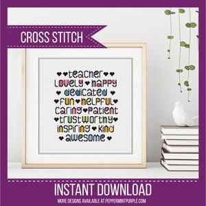 Teacher Cross Stitch Pattern Modern Whimsical Teacher Words Cross Stitch Pattern counted cross stitch Chart by Peppermint Purple image 1