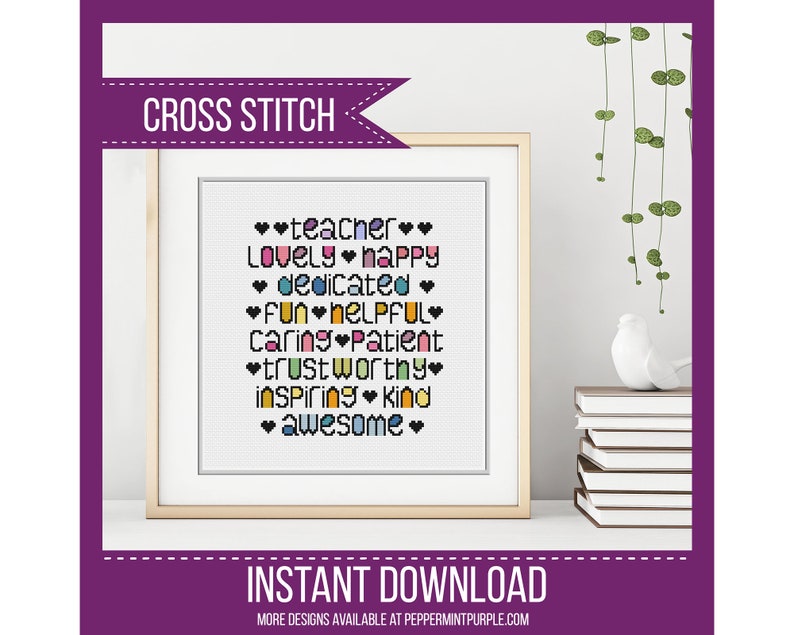 Teacher Cross Stitch Pattern Modern Whimsical Teacher Words Cross Stitch Pattern counted cross stitch Chart by Peppermint Purple image 1