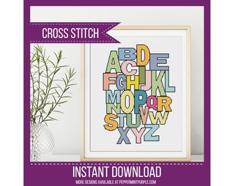 Nursery Cross Stitch Pattern, Cross Stitch Chart, unisex nursery pattern, Multicoloured Alphabet, counted cross stitch by Peppermint Purple