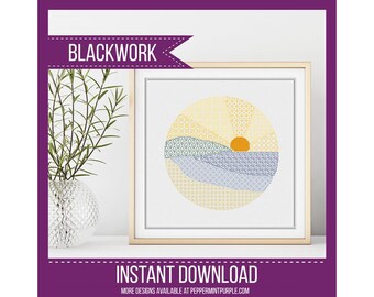 Blackwork Pattern, Colored BlackWork Embroidery Chart, Beach blackwork design chart  by Peppermint