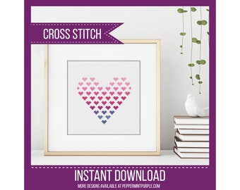 Heart Cross Stitch Pattern, Ombre Heart Cross Stitch Chart, counted cross stitch Chart by Peppermint Purple