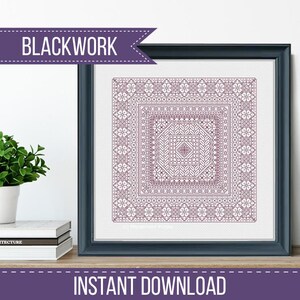 May include: Framed blackwork embroidery pattern in a square format. The design features a symmetrical, geometric pattern in shades of purple. The words "BLACKWORK" and "INSTANT DOWNLOAD" are displayed on the image.