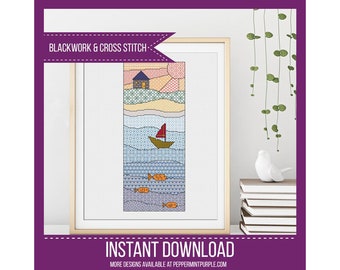 Blackwork Scene, The House on The Hill Blackwork Embroidery Chart by Peppermint Purple