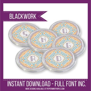 Personalised Blackwork Coasters  Blackwork Pattern, Blackwork Initial Coasters, Coloured Blackwork Chartby Peppermint Purple