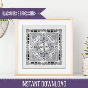 May include: A framed black and white cross-stitch pattern with musical notes and piano keys. The design includes treble clefs, musical terms, and the words "BLACKWORK & CROSS STITCH" and "INSTANT DOWNLOAD". The frame is gold.