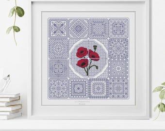 Motif noir et point de croix - Carreaux néerlandais - Coquelicots par Peppermint Purple
