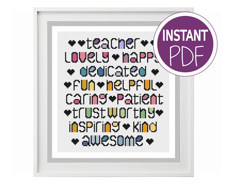 Teacher Cross Stitch Pattern Modern Whimsical Teacher Words Cross Stitch Pattern counted cross stitch Chart by Peppermint Purple image 3