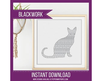 Blackwork Embroidery Cat Pattern, BlackWork Cat Chart, Blackwork Chart, Blackwork chart by Peppermint Purple
