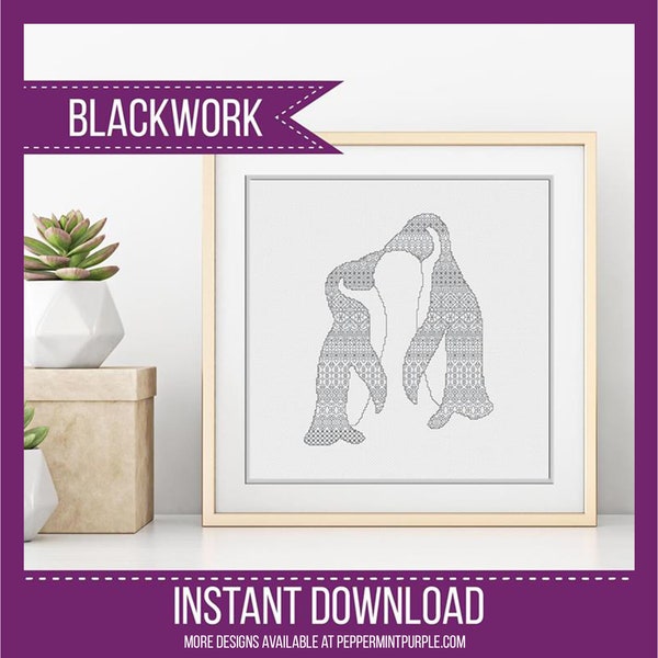 Blackwork Embroidery Kissing Penguins  Pattern, BlackWork Penguins Chart, Blackwork Chart, Blackwork chart by Peppermint Purple