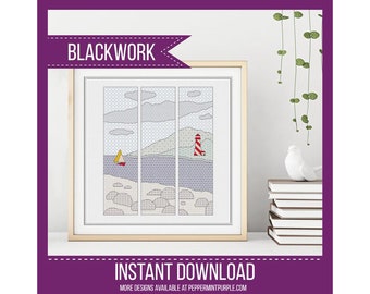 Blackwork Lighthouse Triptique Pattern, BlackWork Scene, Coloured Blackwork Chart, Cross Stitch chart  by Peppermint