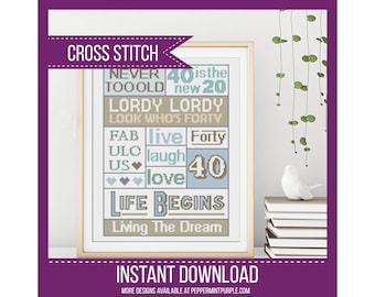 40th Birthday Cross Stitch Pattern,  Cross Stitch Chart, Modern Cross Stitch Pdf, Counted cross-stitch Chart by Peppermint Purple