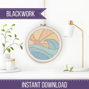 May include: A round blackwork embroidery hoop featuring a geometric design of a sunset over the ocean. The design includes orange, yellow, green, and blue colors. The text "BLACKWORK" and "INSTANT DOWNLOAD" are displayed on the image.