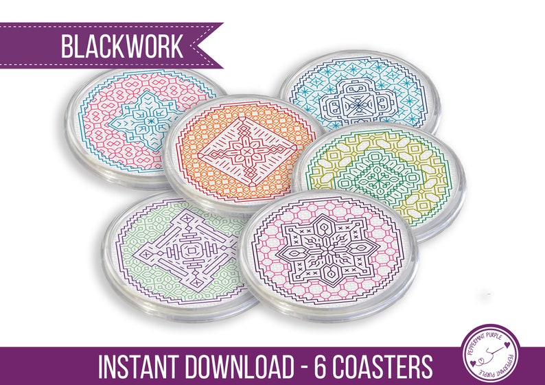 Mandala Blackwork Coasters, Blackwork Pattern, Mandala Blackwork Coasters, Coloured Blackwork Chartby Peppermint Purple image 2