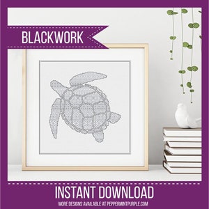 Blackwork Sea Turtle Pattern, BlackWork Sea Turtle Chart, Blackwork Chart, Blackwork chart by Peppermint Purple image 1