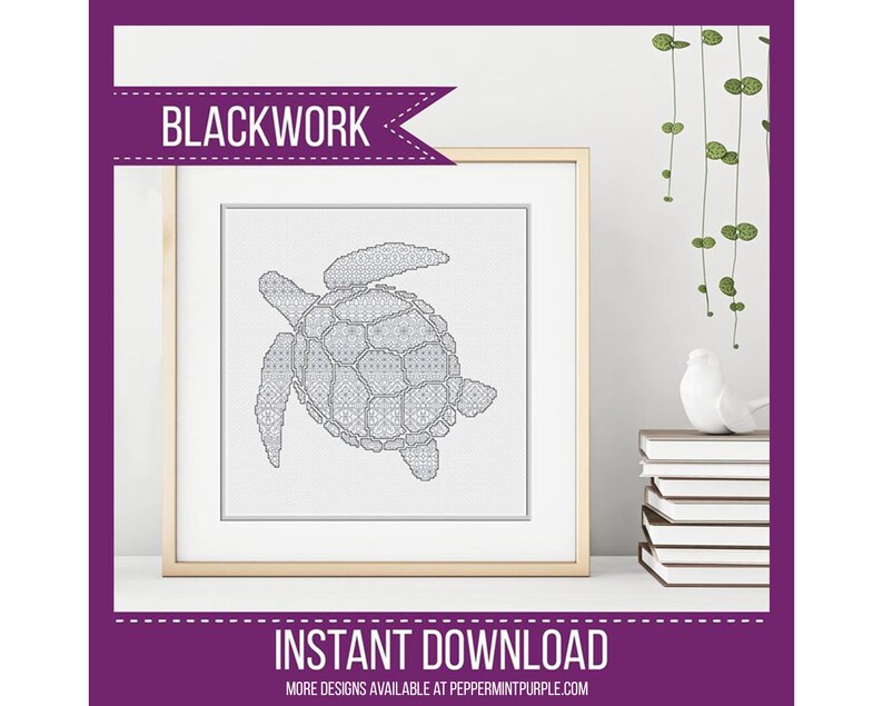 Blackwork Sea Turtle Pattern, BlackWork Sea Turtle Chart, Blackwork Chart, Blackwork chart by Peppermint Purple image 1