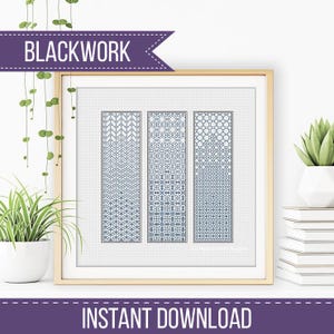 May include: A framed artwork featuring three vertical panels with intricate blackwork embroidery patterns in shades of blue. The artwork is labeled "BLACKWORK" and "INSTANT DOWNLOAD". The frame is gold-colored.