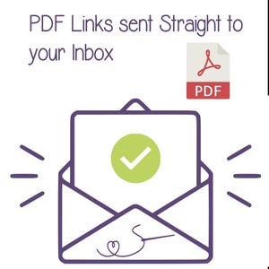 Pode incluir: Ilustra&ccedil;&atilde;o de um envelope roxo com uma aba aberta, revelando um documento branco com uma marca de verifica&ccedil;&atilde;o verde. O texto "PDF Links sent Straight to your Inbox" est&aacute; no topo, com um &iacute;cone PDF.