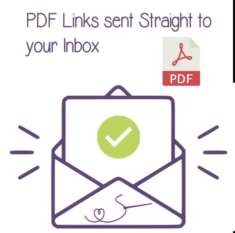 Pode incluir: Ilustra&ccedil;&atilde;o de um envelope roxo com uma aba aberta, revelando um documento branco com uma marca de verifica&ccedil;&atilde;o verde. O texto "PDF Links sent Straight to your Inbox" est&aacute; no topo, com um &iacute;cone PDF.