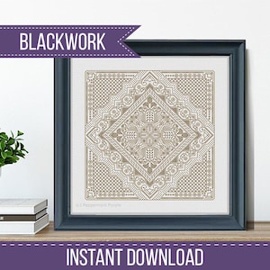 May include: Framed blackwork embroidery with a geometric design in shades of brown. The artwork is in a dark blue frame and includes the text "BLACKWORK" and "INSTANT DOWNLOAD".
