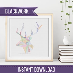 May include: A framed artwork featuring a colorful geometric deer head design. The deer is composed of various patterned shapes in pastel colors. The words "BLACKWORK" and "INSTANT DOWNLOAD" are displayed on the top and bottom of the frame.