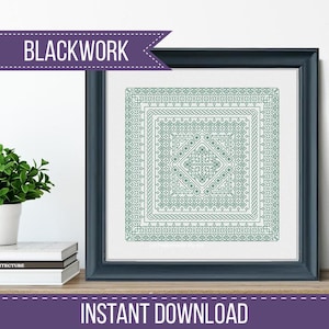 May include: A framed blackwork embroidery pattern in green, showcasing geometric designs. The artwork is displayed on a wooden shelf with the text "BLACKWORK" and "INSTANT DOWNLOAD". A small potted plant and books are visible.