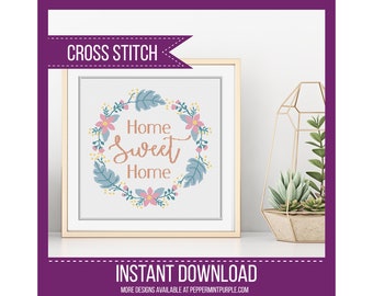 Cross Stitch Pattern - Home Sweet Home - Wreath Cross-Stitch Chart by Peppermint Purple