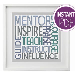 Teacher Mentor Words cross stitch pattern Cross Stitch Chart, diy gift, counted cross stitch Chart, xstitch chart by Peppermint Purple image 3