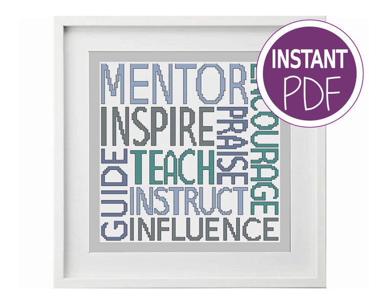 Teacher Mentor Words cross stitch pattern Cross Stitch Chart, diy gift, counted cross stitch Chart, xstitch chart by Peppermint Purple image 3