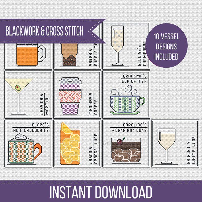 An image of a Blackwork & Cross Stitch Pattern created by Peppermint Purple called Blackwork & Cross Stitch Pattern - Personalised Drinks Coasters by Peppermint Purple