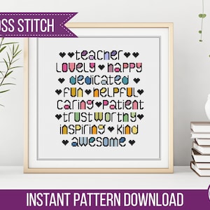 Teacher Cross Stitch Pattern Modern Whimsical Teacher Words Cross Stitch Pattern counted cross stitch Chart by Peppermint Purple image 2