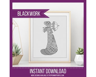 Blackwork Lady Pattern, BlackWork Sampler, Coloured Blackwork Chart  by Peppermint