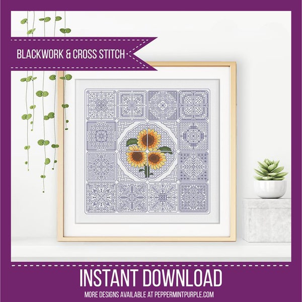 Blackwork Sunflower Dutch Tiles Pattern, Black Work Chart, Blackwork chart  by Peppermint Purple