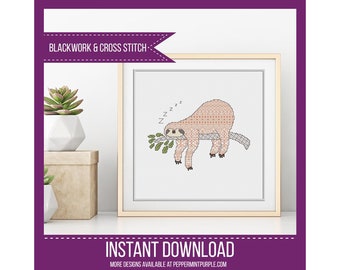 Blackwork Sloth Pattern, Coloured Blackwork Chart by Peppermint Purple