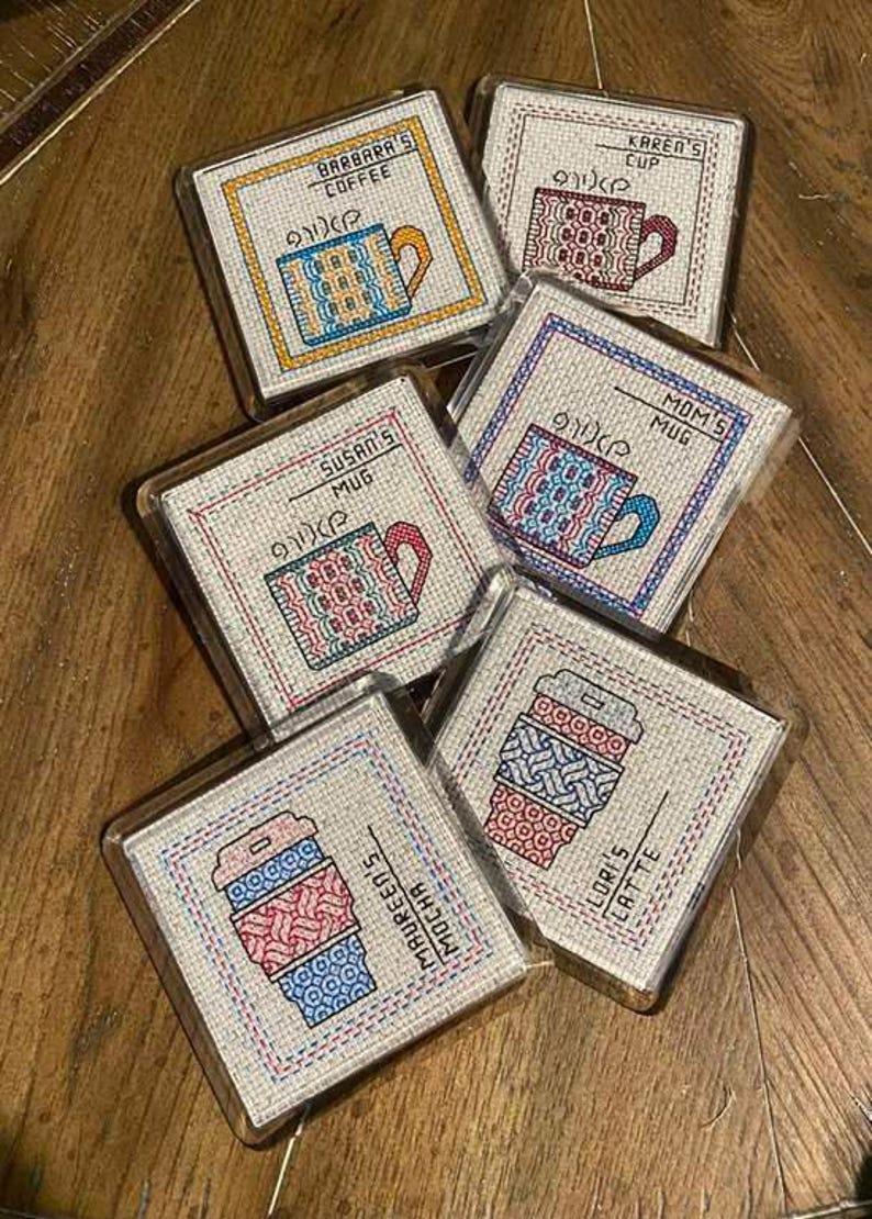 An image of a Blackwork & Cross Stitch Pattern created by Peppermint Purple called Blackwork & Cross Stitch Pattern - Personalised Drinks Coasters by Peppermint Purple