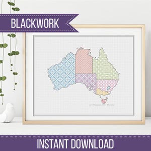 May include: A framed print of Australia, segmented into patterned regions in pastel colours. The words "BLACKWORK" and "INSTANT DOWNLOAD" are displayed above and below the map. The frame is gold.