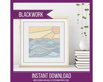 Sunny Waves Blackwork Pattern, Sun and Waves , Coloured Blackwork Chart, Cross Stitch chart  by Peppermint Purple