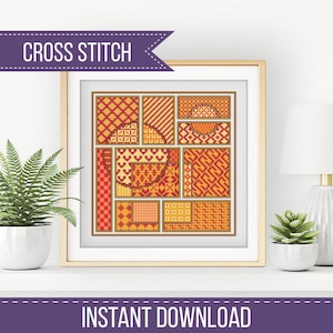 May include: Framed cross-stitch artwork featuring a geometric design in shades of orange, red, and yellow. The artwork is composed of various patterned squares and rectangles. The words "CROSS STITCH" and "INSTANT DOWNLOAD" are displayed.