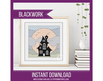 Haunted House Halloween Blackwork Pattern, BlackWork Chart, Coloured Blackwork Chart, Cross Stitch chart  by Peppermint