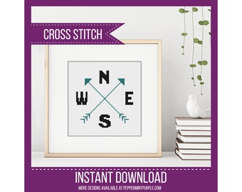 Compass Cross Stitch Pattern - Compass Cross Stitch Chart by Peppermint Purple