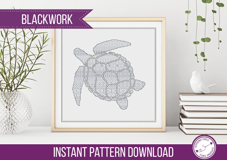 Blackwork Sea Turtle Pattern, BlackWork Sea Turtle Chart, Blackwork Chart, Blackwork chart by Peppermint Purple image 2