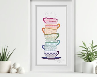 Blackwork Teacups Cross Stitch Chart: Coloured Blackwork (PDF Pattern)