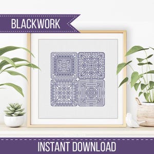 May include: A framed print featuring four square blackwork patterns in navy blue. The patterns are intricate, with floral and geometric designs. The text "BLACKWORK" and "INSTANT DOWNLOAD" are displayed on the image.