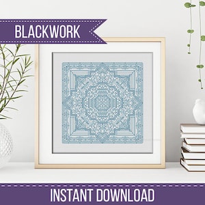 May include: A framed blackwork cross-stitch design in blue hues. The symmetrical, geometric pattern is highly detailed. The frame displays the words "BLACKWORK" and "INSTANT DOWNLOAD". The design is suitable for cross-stitch.