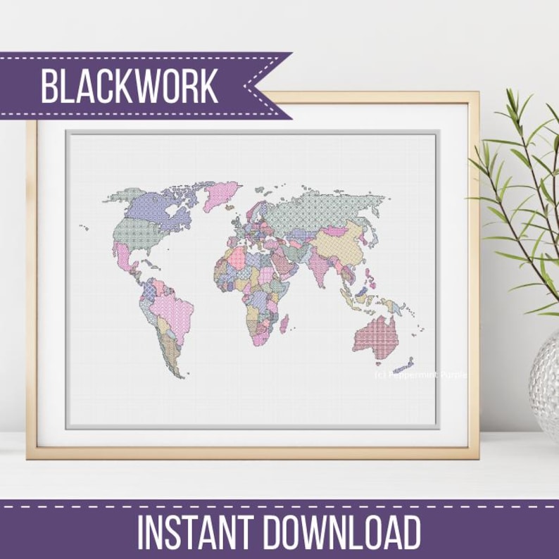 World Map - Both Blackwork & Cross Stitch Versions by Peppermint Purple ...