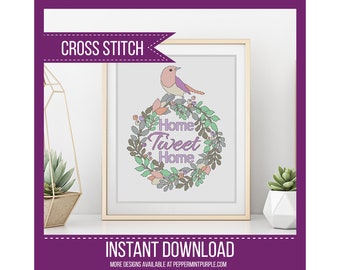 Cross Stitch Pattern, Home Sweet Home Cross Stitch Chart, Home Tweet Home by Peppermint Purple