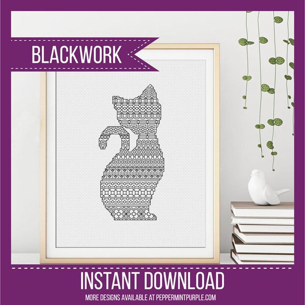 Blackwork Cat Silhouette  Pattern, BlackWork Cat Chart, Blackwork Chart, Blackwork chart by Peppermint Purple